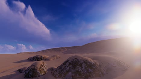 An-arid-desert-environment-with-a-sunset-and-lens-flare,-clouds-passing-by,-blue-sky-and-sand-blew-away-3D-animation-dolly-in