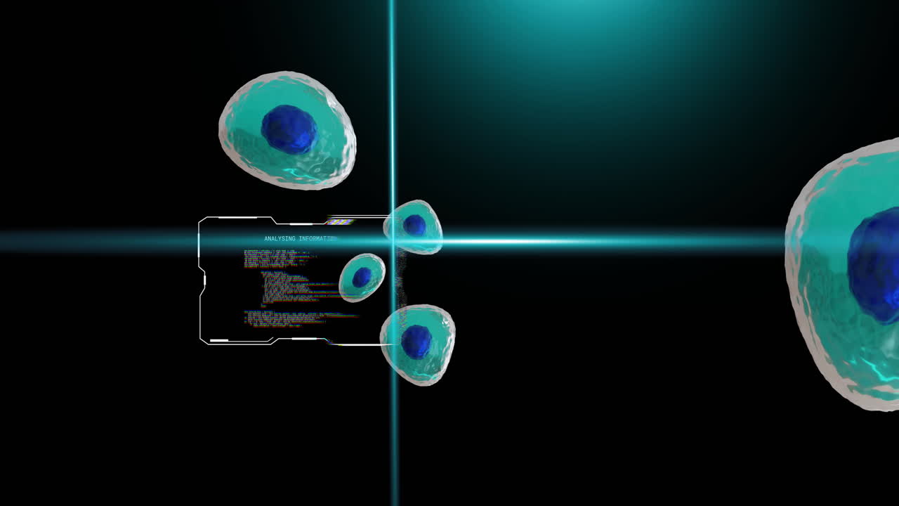 Animazione di raggi scanner blu su celle blu e interfacce che elaborano dati, su sfondo nero