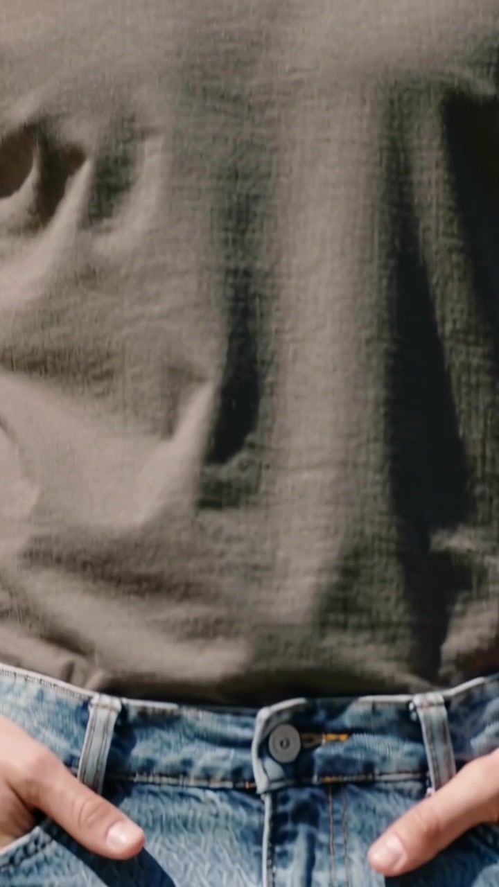 Vertical video: Zooming out, smiling man hands-in-pockets under blue sky, olive tee blue jeans