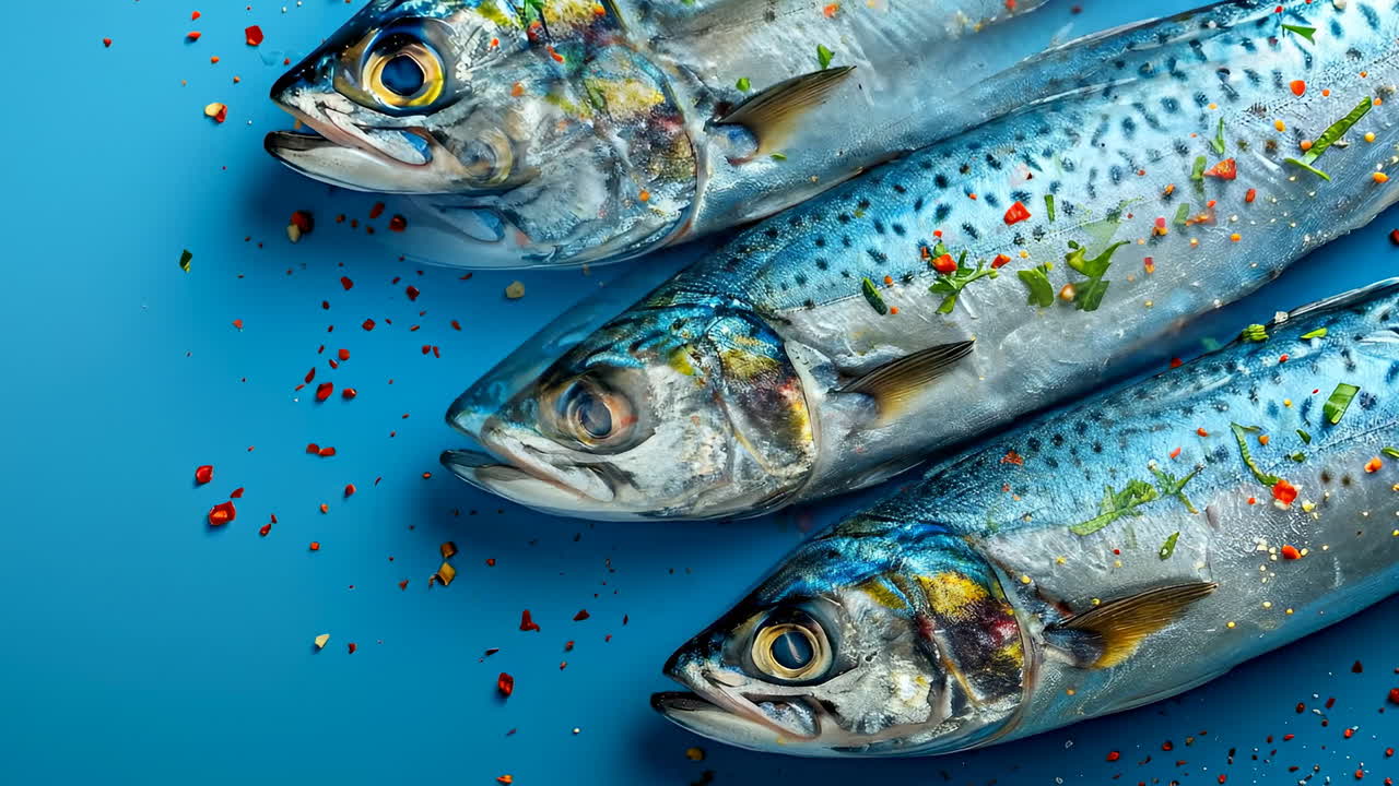Three raw mackerel fish on blue background. Top view of three fresh raw mackerel fish with scattered spices and herbs on a bright blue surface