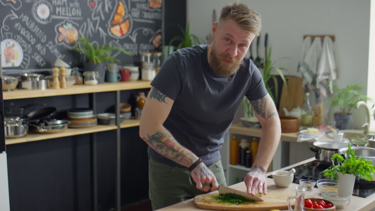 Food Blogger Chopping Cilantro and Speaking on Camera