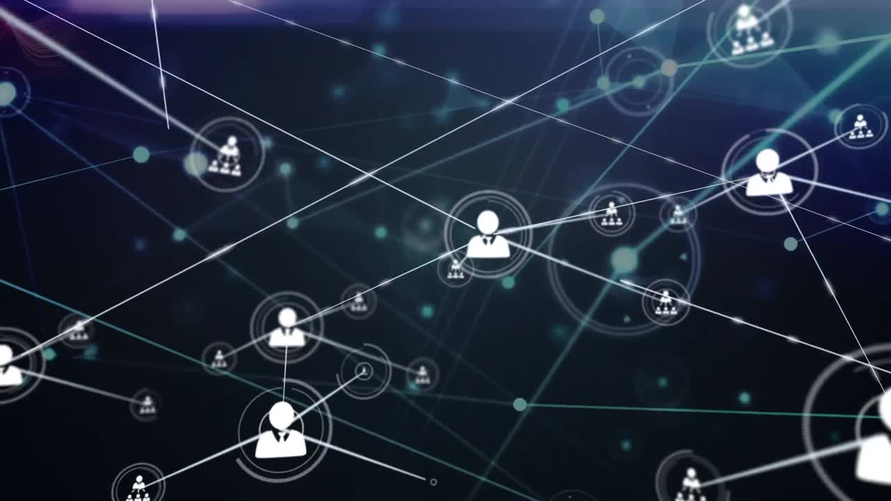 Animation of network of profile icons and light trails against blue background