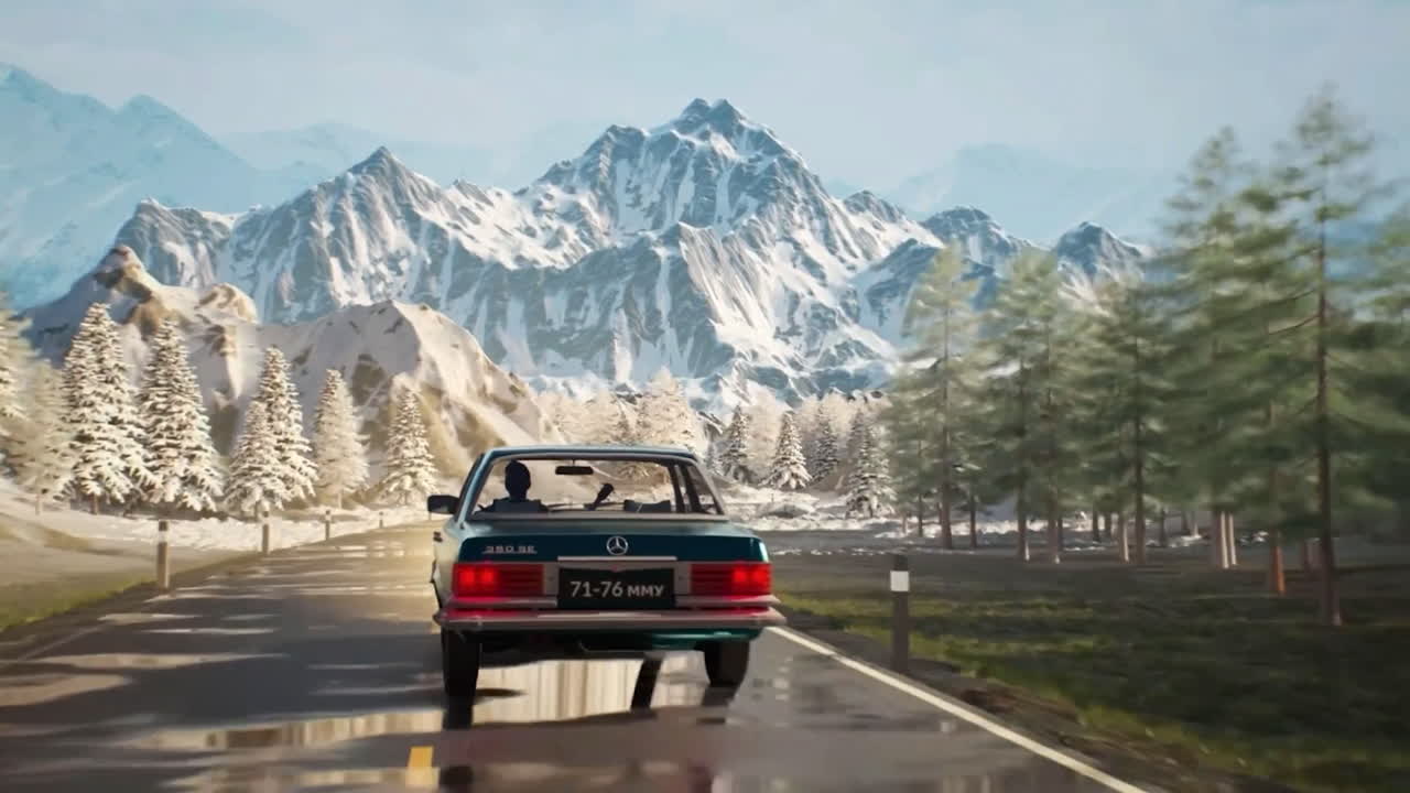 눈 인 산길 에 있는 빈티지 자동차