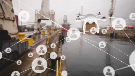 animación de la red de conexiones con iconos sobre el drone de entrega con paquete