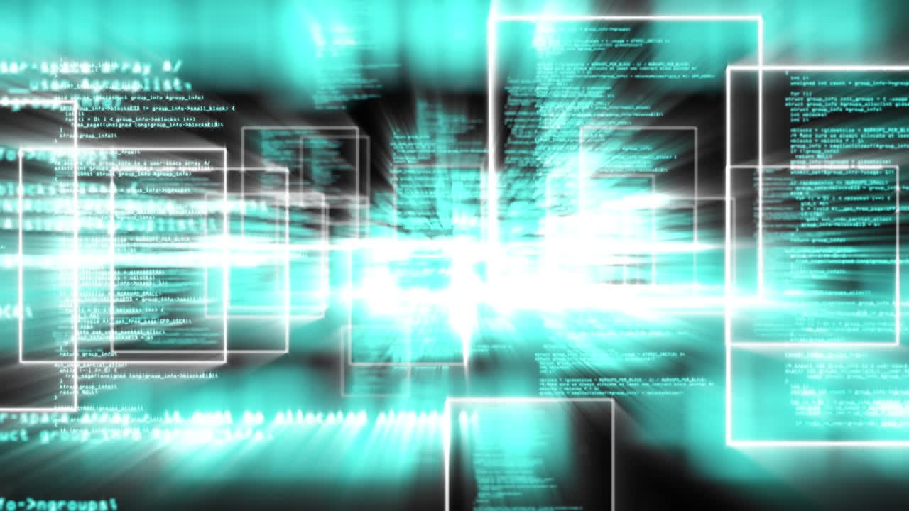 animación del procesamiento de datos en fondo negro y verde con rectángulos