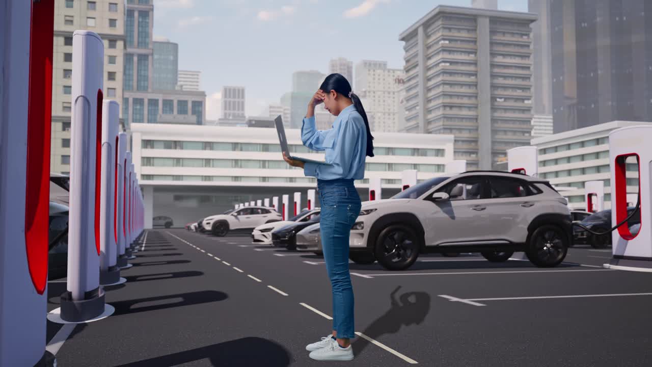 最新の都市型充電ステーションで電気自動車が充電されている中、ラップトップを持ち、タイピングしながら不満げにうなずいているアジア人女性の全身側面図。