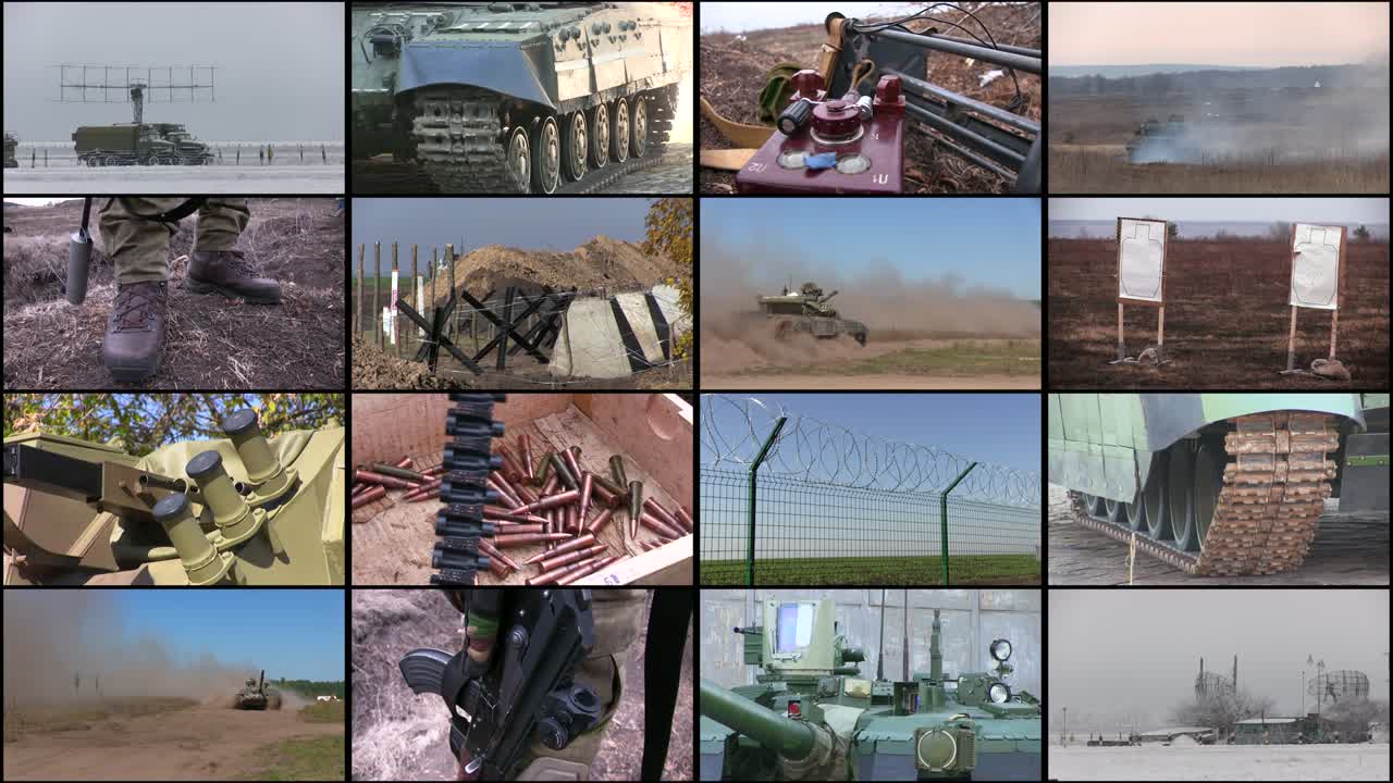 Mosaic collage of various military vehicles and weapons