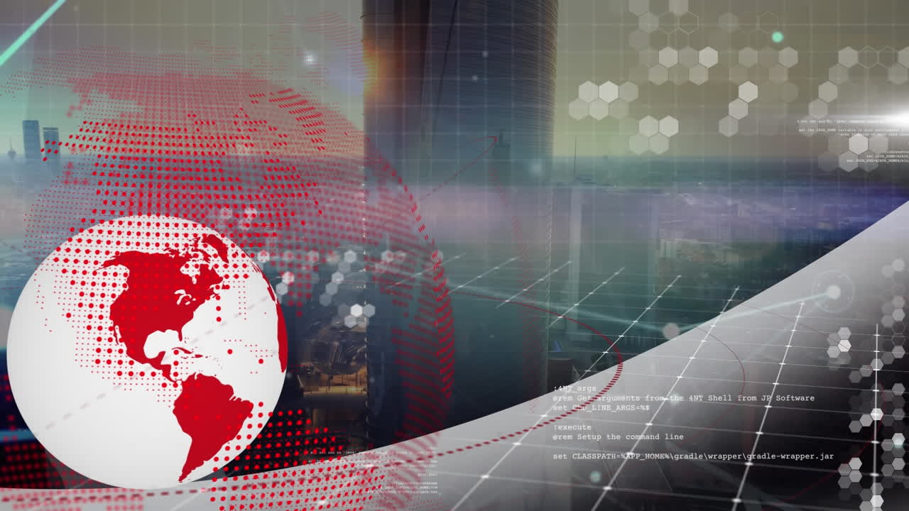 animación de globos, puntos conectados y lenguaje informático, vista aérea del paisaje urbano moderno