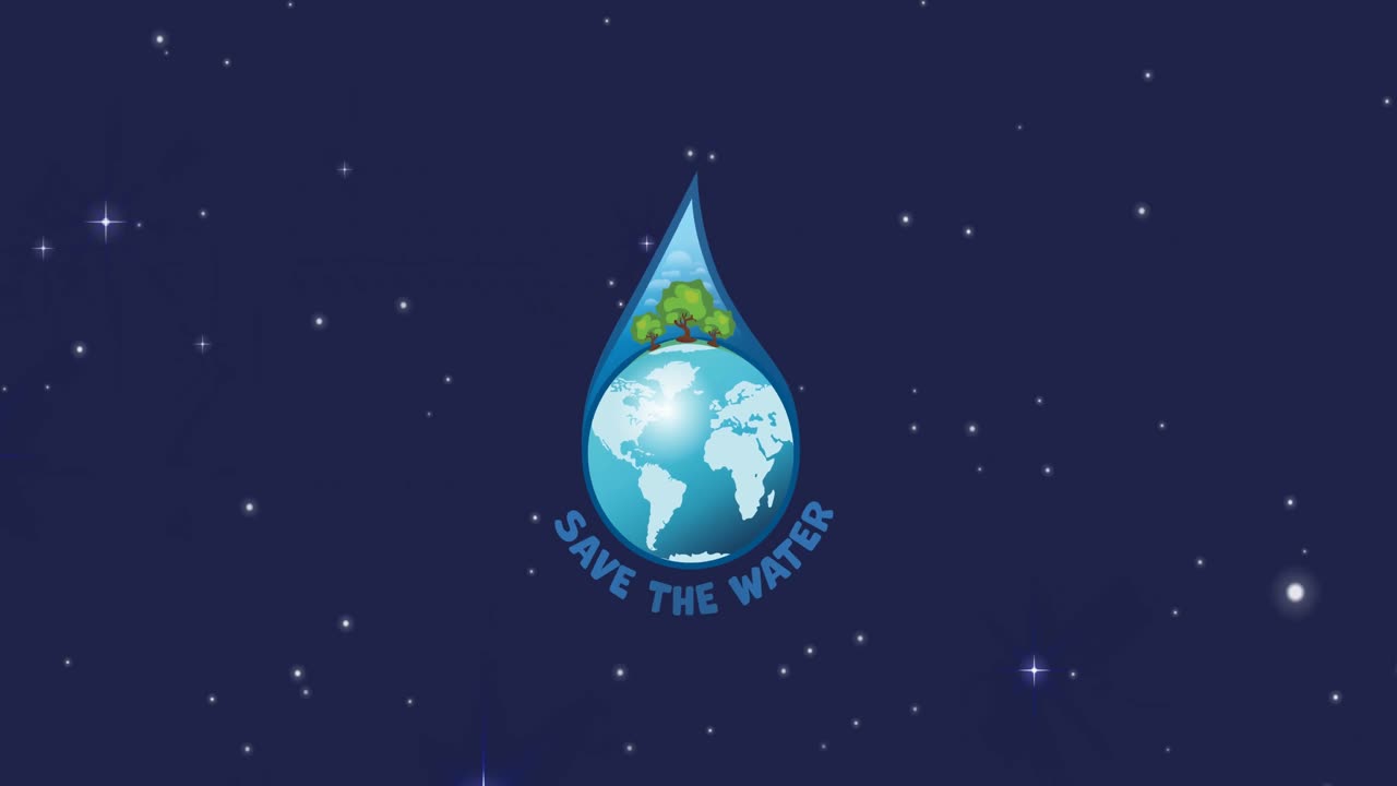 지구 위의 물방울과 하늘의 별들과 함께 물 텍스트를 저장하는 우주 애니메이션