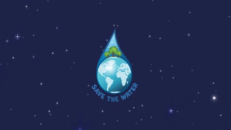 Animation-of-universe-with-save-the-water-text-with-water-drop-over-planet-earth-and-stars-on-sky