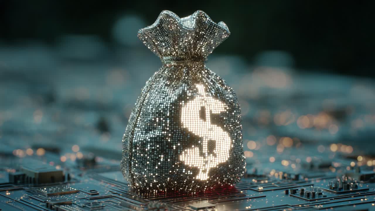 A Sparkling Money Bag Illuminates the Digital Landscape, Representing Wealth in a High-Tech Environment with Glimmering Details and a Futuristic Vibe