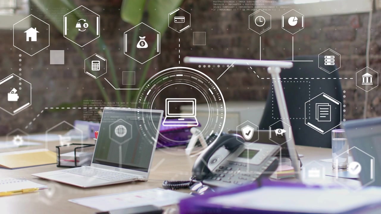 AR HUD emerging and expanding over laptop, hex icons spreading and linking to show business data