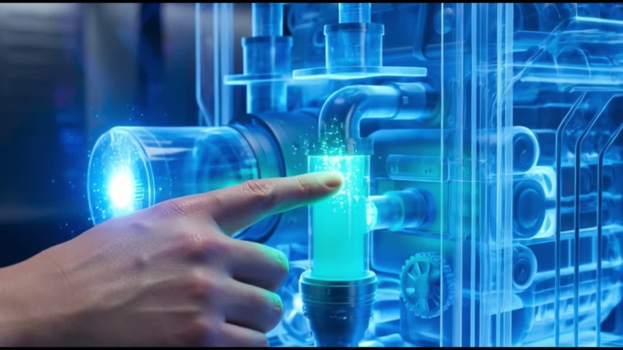 Human Hand Interacting with Futuristic Glowing Blue Technology Machine