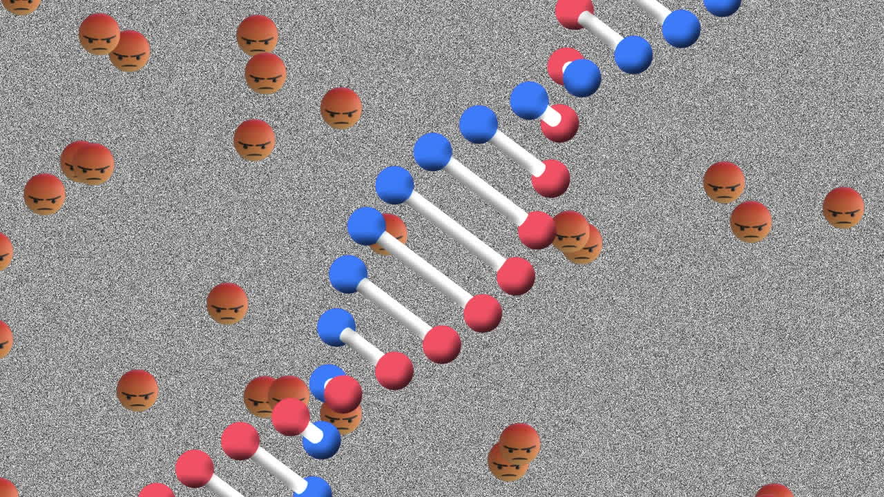 tv 정적 효과에 대항하여 여러 분노한 얼굴 이모티콘을 회전시키는 dna 구조의 디지털 애니메이션