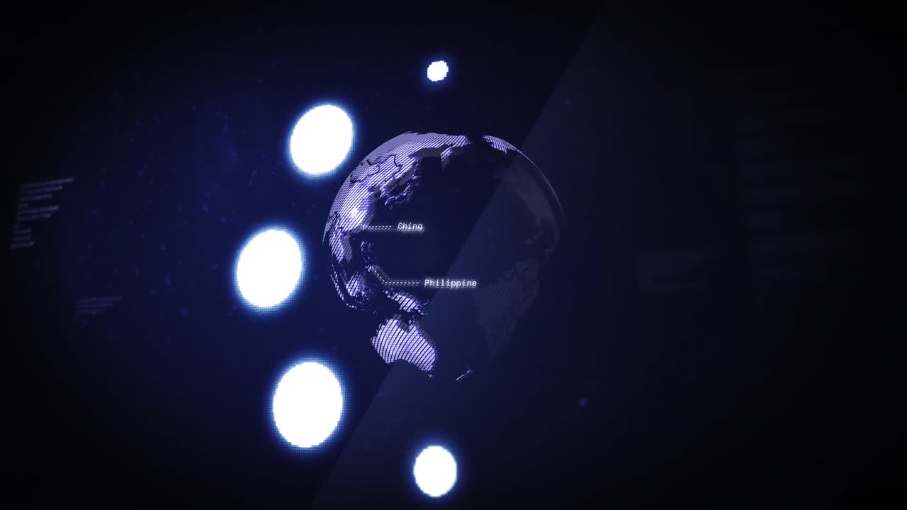 Animation of data processing and circles loading over globe dark background