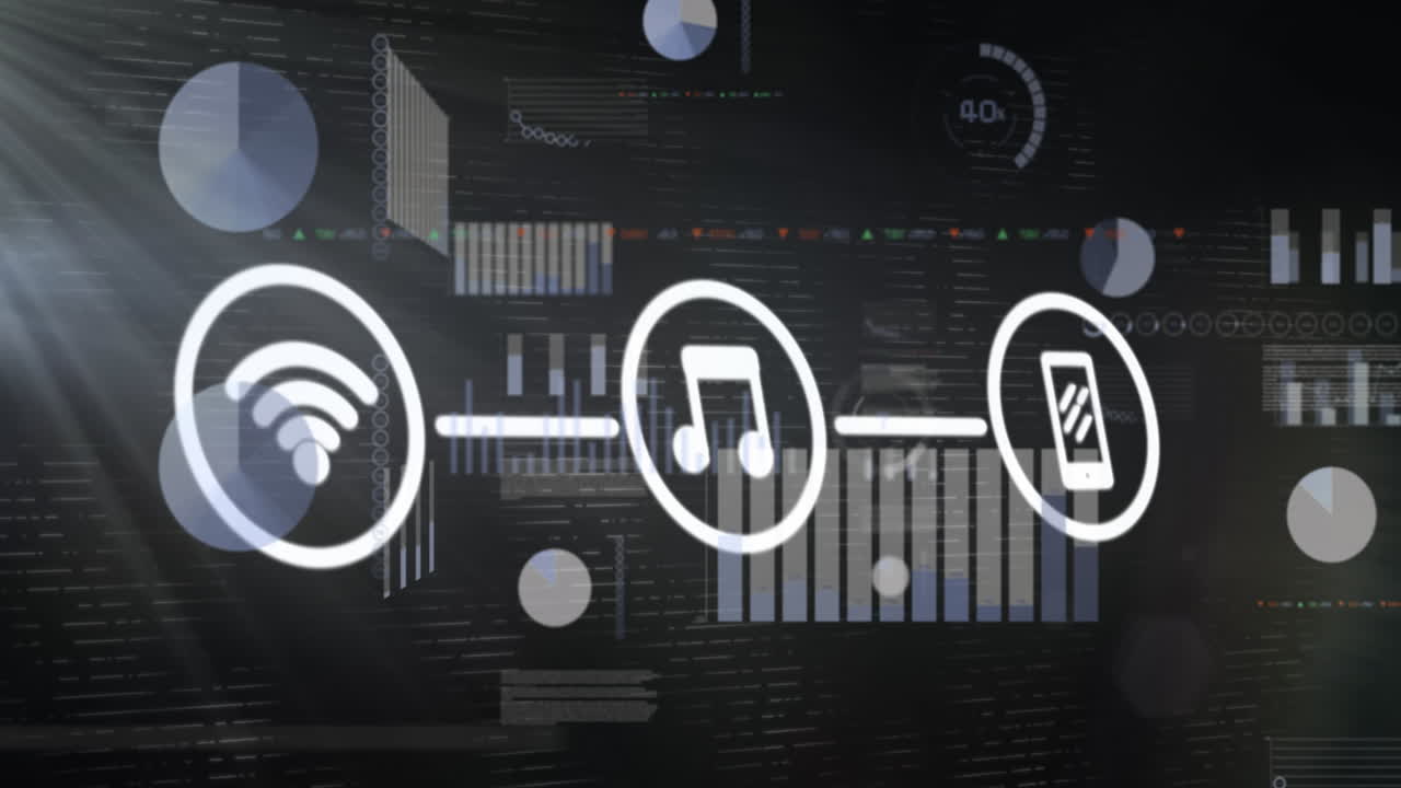 animación de diagrama de flujo de iconos sobre múltiples gráficos y tablero de negociación sobre fondo negro