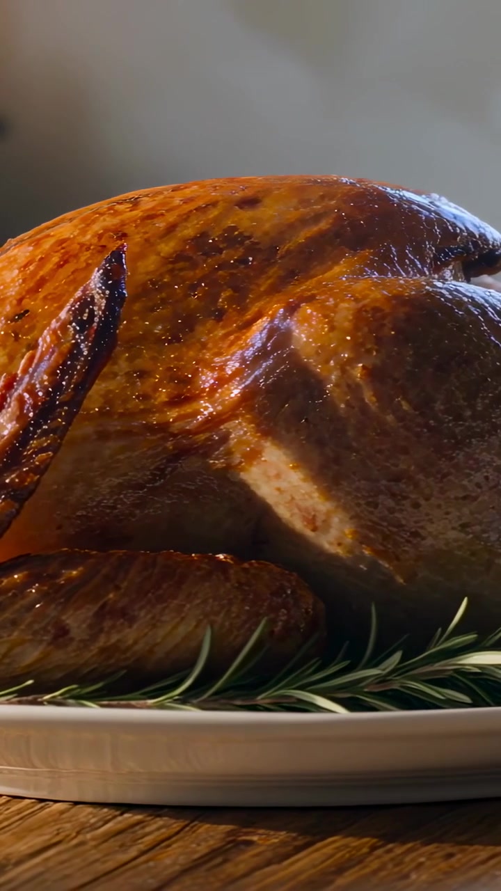 Vertical video: Panning camera showing roast turkey on white platter at dinner table, rosemary