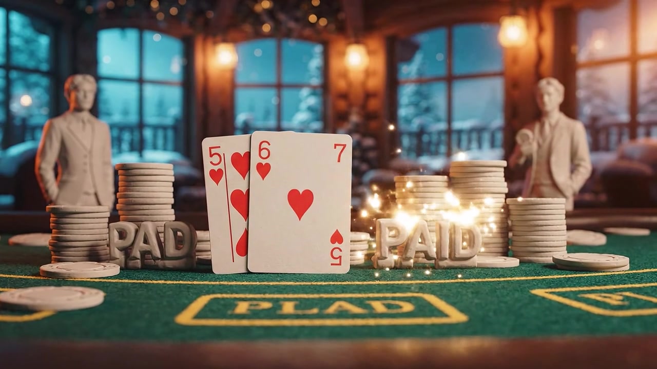 A Cozy Winter Casino Scene Featuring Poker Chips and Playing Cards on a Green Table Surrounded by a Warmly Decorated Environment with a Snowy Background