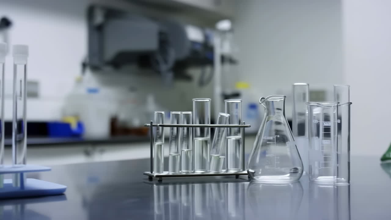 Laboratoriebänk med provrör, kolv, ren reflekterande yta, provrörsställ i metall som håller flera klara provrör