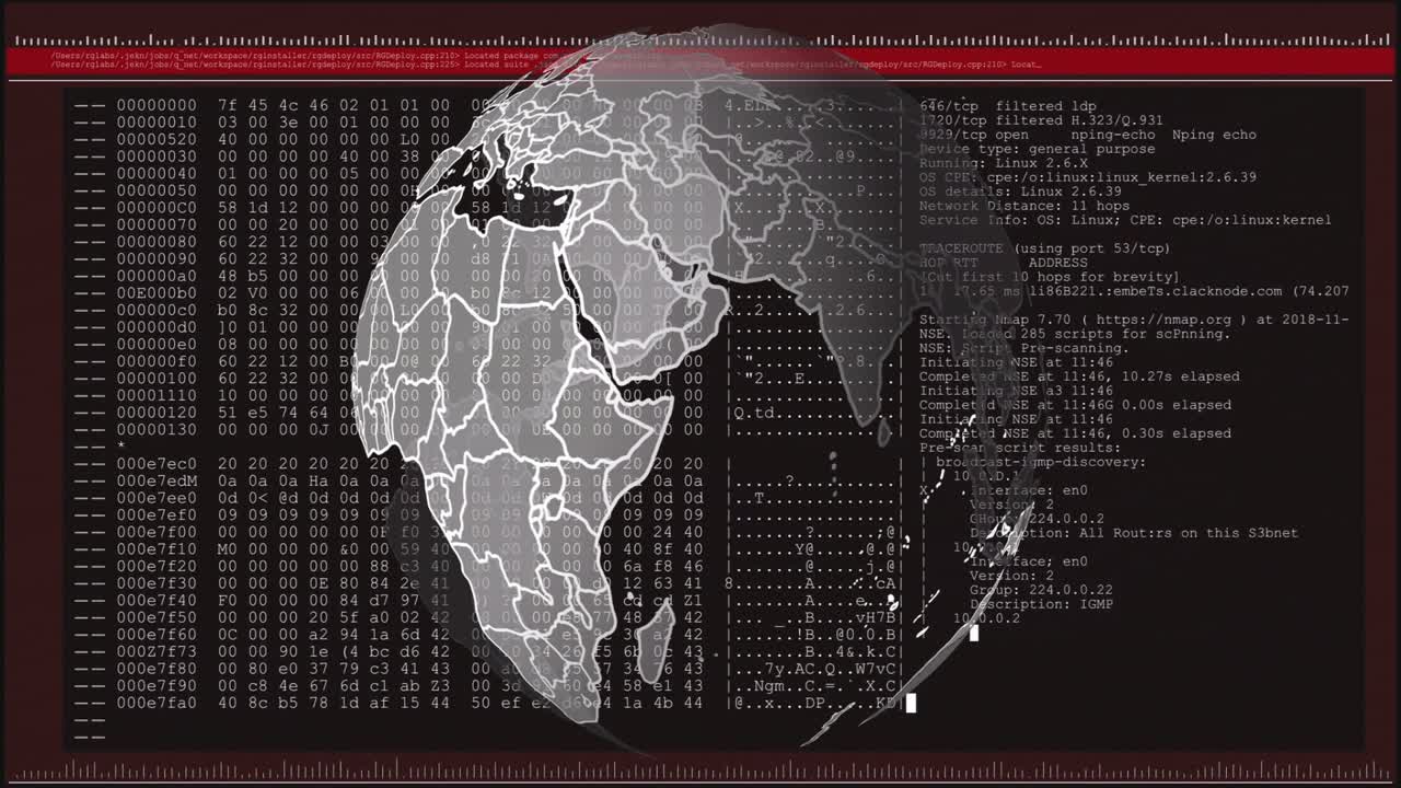 Digitale gegevens en code die een wereldbol overlappen met wereldkaartanimatie op een donkere achtergrond.