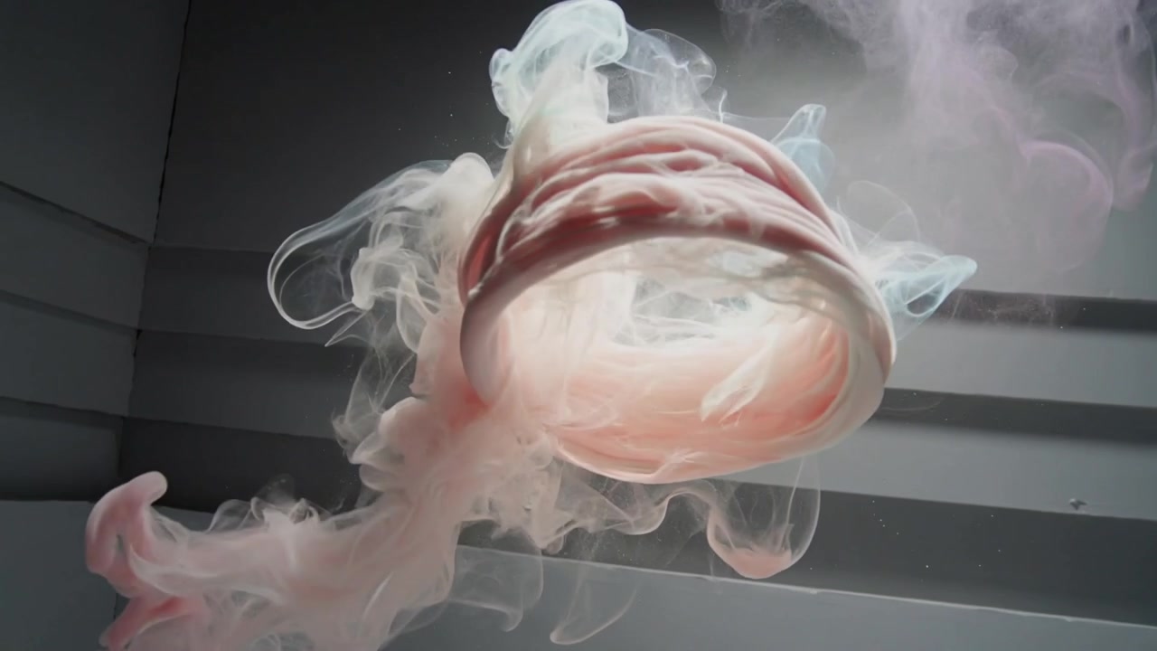 液滴が放出された後、淡いピンク色の液体の噴煙が形成され、透明なタンク内で広がり渦を巻く。