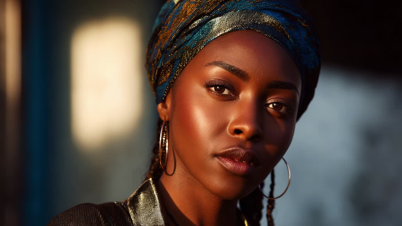 Portrét elegantní Afričanky s turbanem a kruhovými náušnicemi