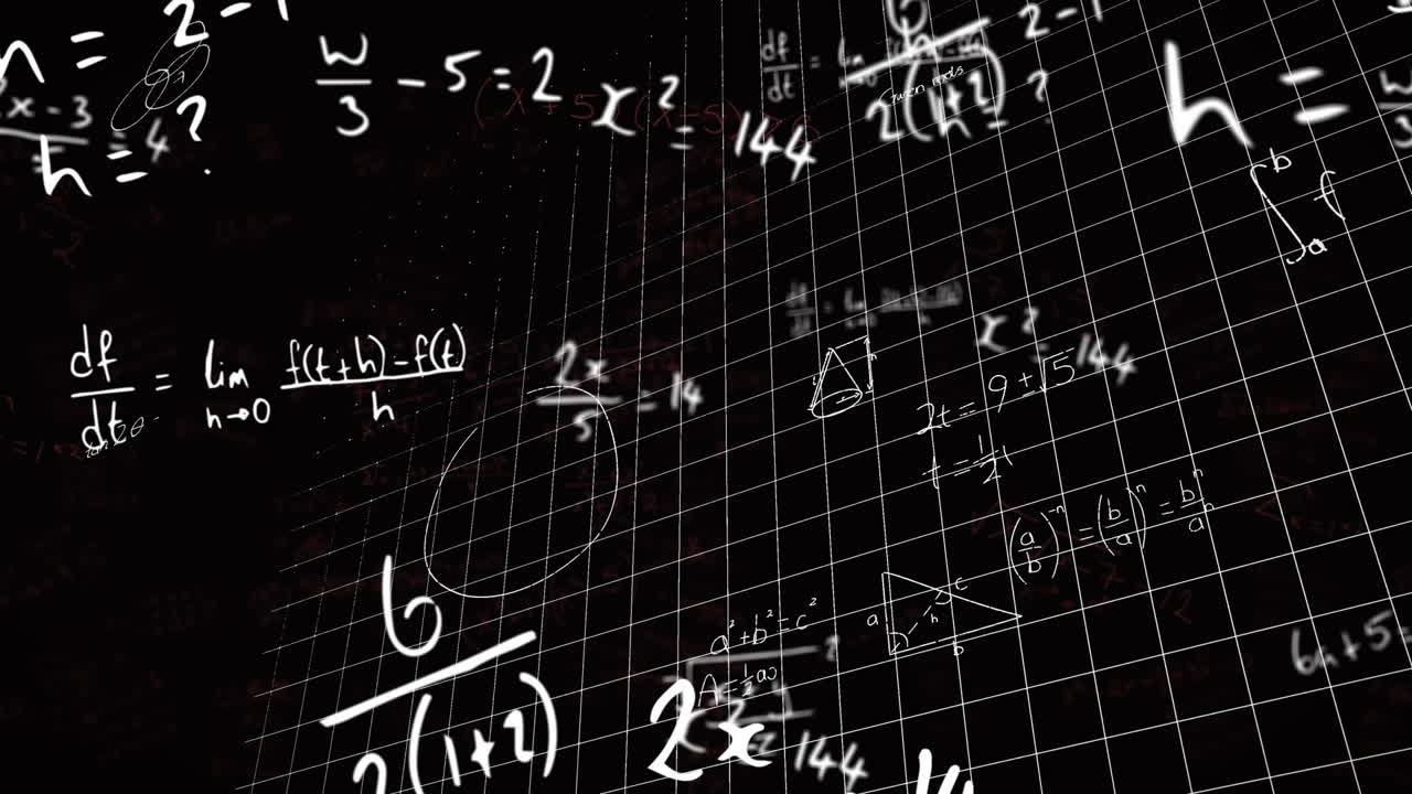 animación de ecuaciones y fórmulas matemáticas flotando sobre la red de cuadrícula contra un fondo negro.