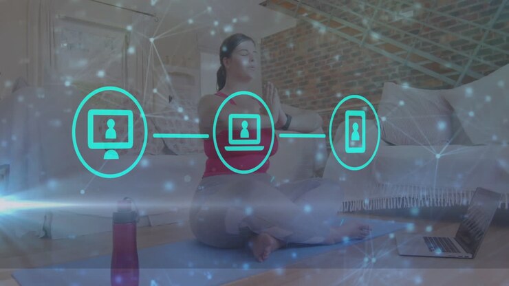 Neon digital icons and network of connections against caucasian woman performing yoga at home