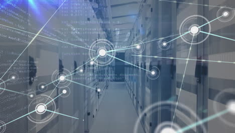 animation of network of connections, blue light trails and data processing against server room