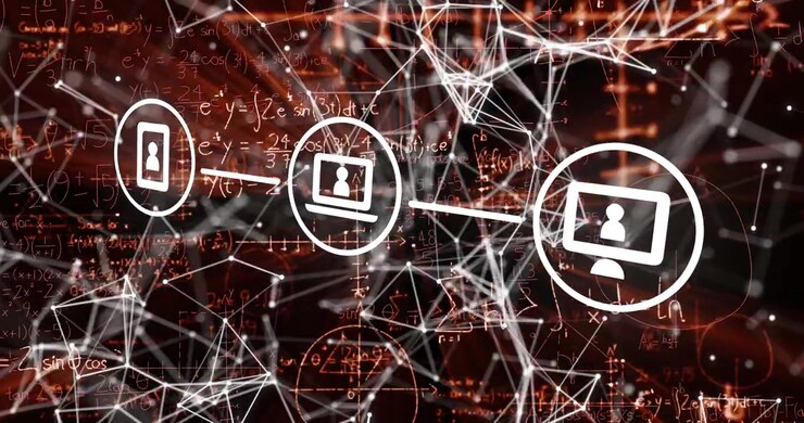 Animation of mathematical equations over network of connections with icons on black background