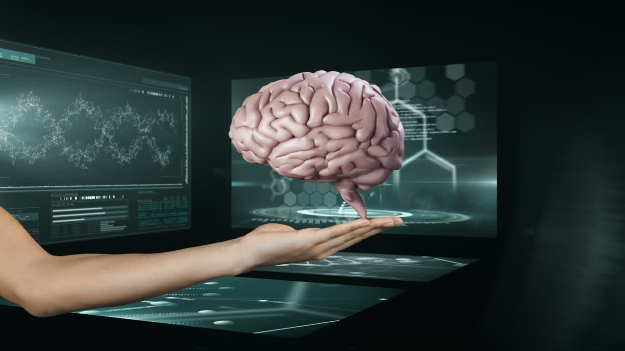 과학자 스크린을 가진 3d 뇌를 들고 있는 여성