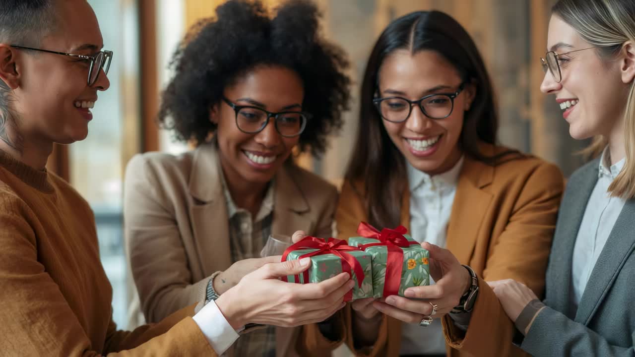 Donna a sinistra che porge un regalo, destinatario che lo accetta, colleghi che festeggiano in ufficio con indosso dei blazer