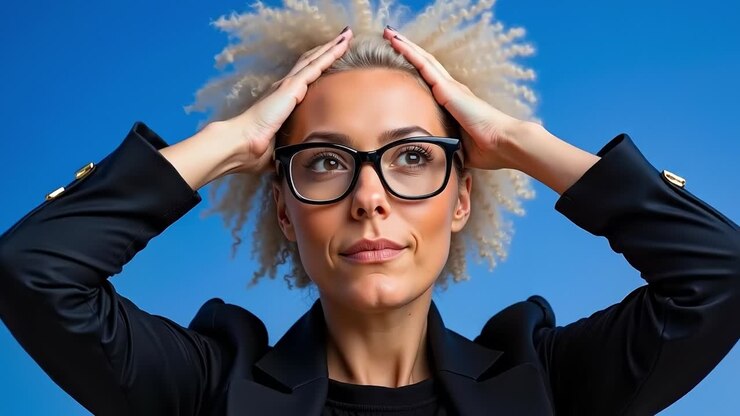 A woman with curly blonde hair wearing glasses