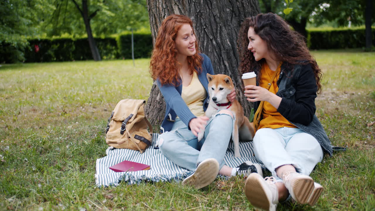 Venner nyder en picnic i parken med en hund