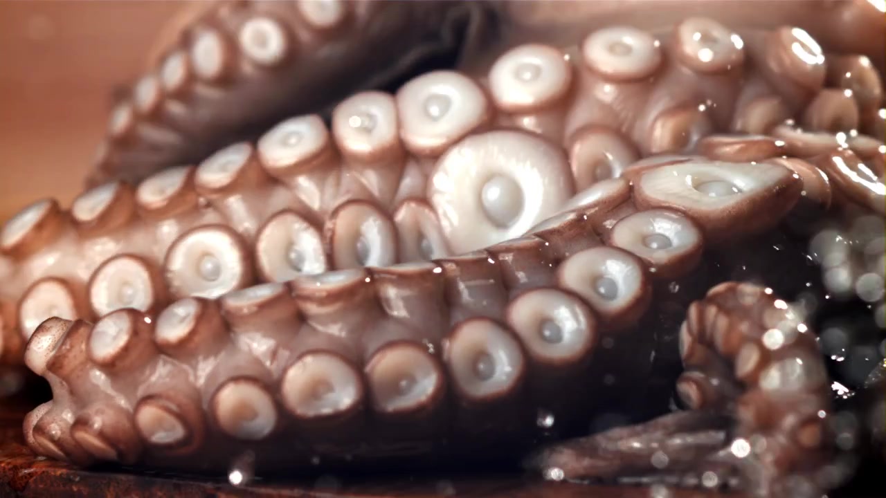 Vista detallada de tentáculos de pulpo salpicando sobre una superficie mojada.