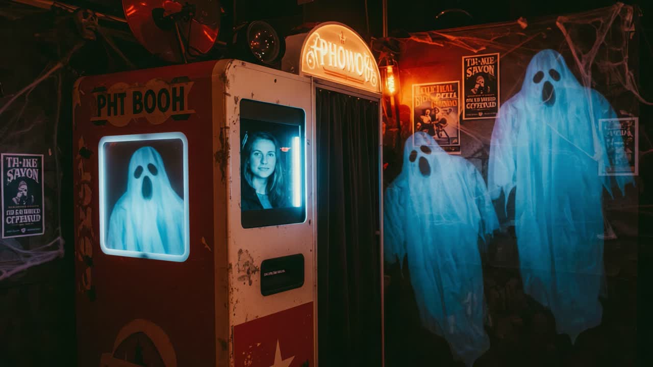 Unveiling Haunting Mysteries: A Spooky Encounter in an Eerie Photo Booth Surrounded by Spectral Apparitions and Ghostly Figures