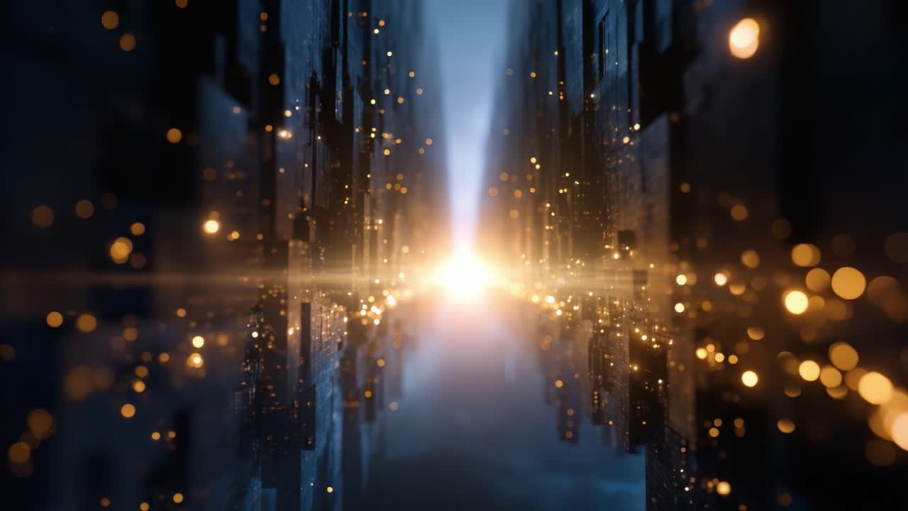 An Ethereal Journey Through a Glowing Corridor of Light and Reflection, Surrounded by Mysterious Structures and Sparkling Particles, Illuminating the Path Ahead