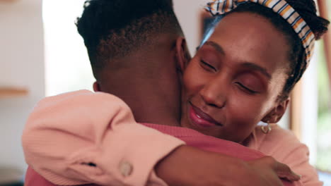 happy, love and couple hug in home for bonding
