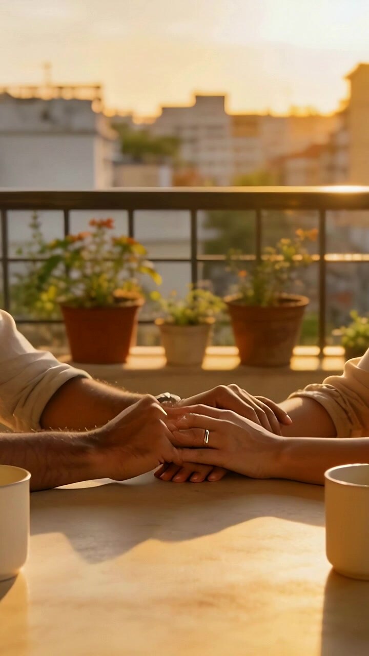 Video verticale: Mano del partner che si sposta a sinistra, coppia che si tiene con affetto sul balcone, tazze e anello.