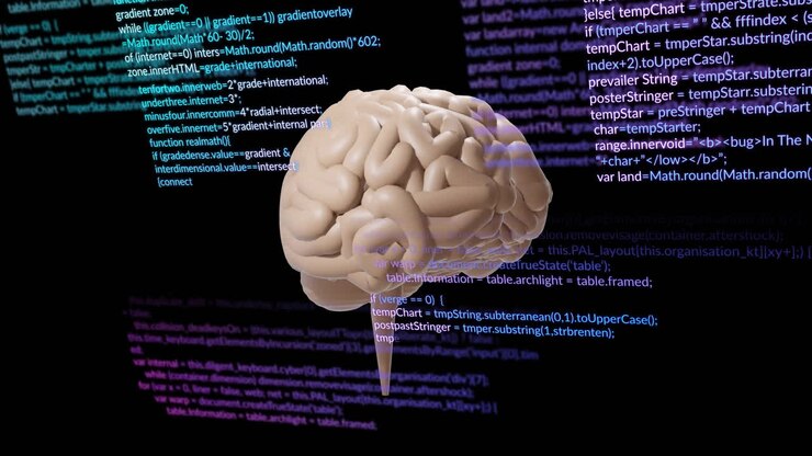 Animation of human brain and data processing over black background