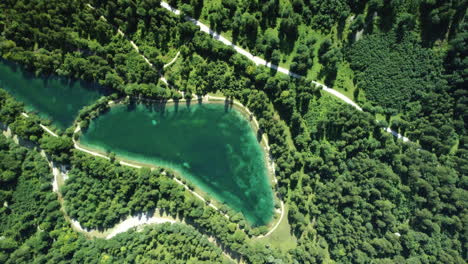 aerial view of a turquoise mountain lake surrounded by lush forest