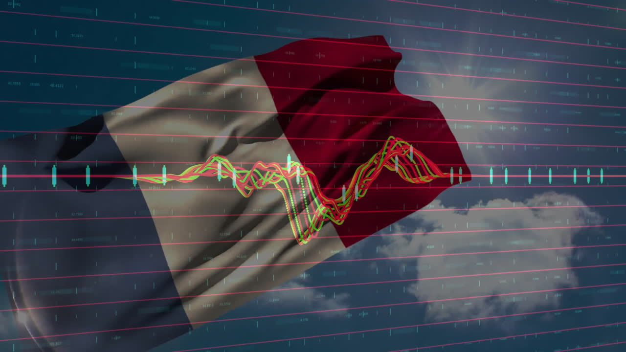 Animation of fluctuating financial graph over Peruvian flag in digital background