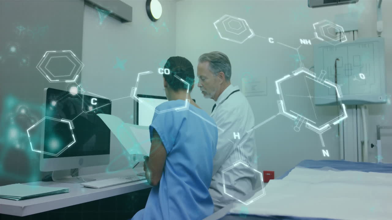 animación del procesamiento de datos sobre diversos científicos en el laboratorio