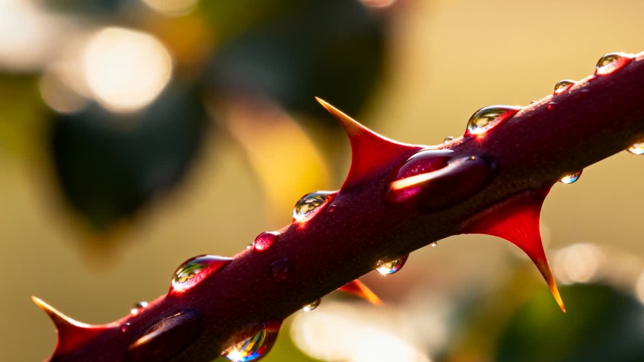 Mostrando gotas de água se alongando em caule espinhoso avermelhado no jardim enquanto a luz do sol se move, bokeh dourado