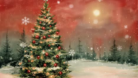 snowy winter landscape glowing with warm red and orange hues, featuring elegantly decorated christmas tree standing amid softly falling snowflakes, creating enchanting festive atmosphere