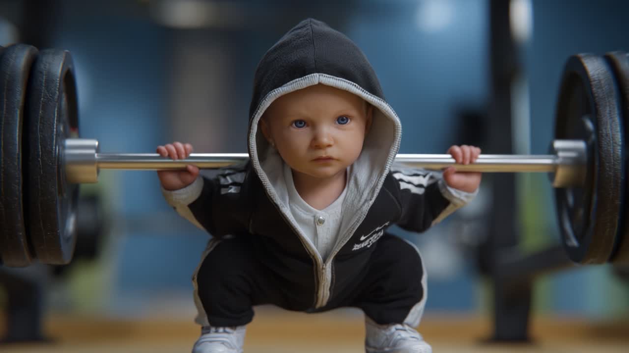 Sjarmerende baby sportsentusiast løfter vekter med et bestemt uttrykk i en gymsal, og viser styrke og den søteste treningsmotivasjonen noensinne