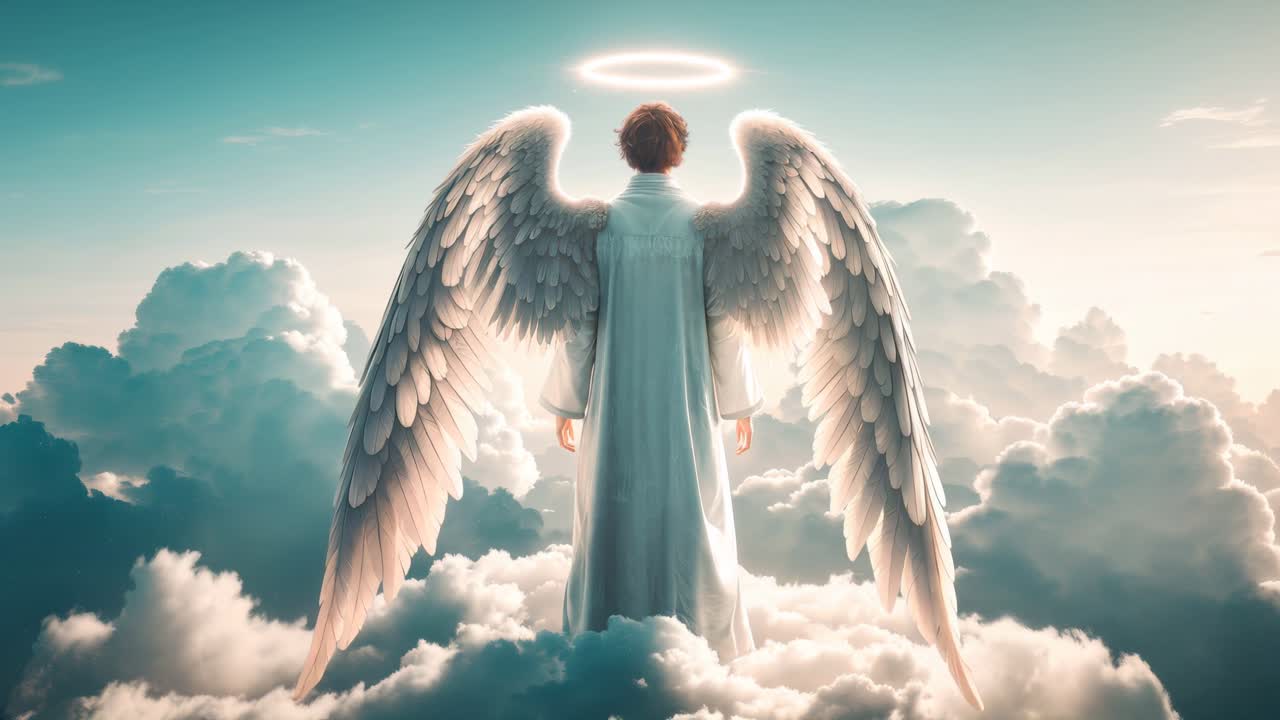 A majestic celestial angel with beautiful wings gliding through ethereal clouds above