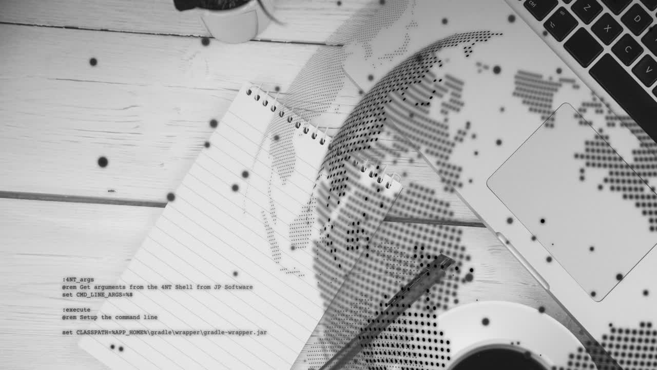 Drifting dots initiating code fragments and overlay forming and fading around notebook showing data