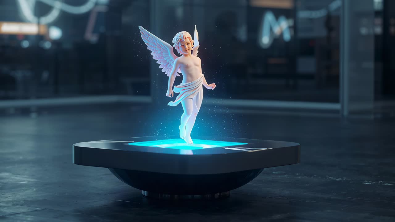 Emitting cyan pulse, circular projector projecting cherub hologram on showroom floor for demo