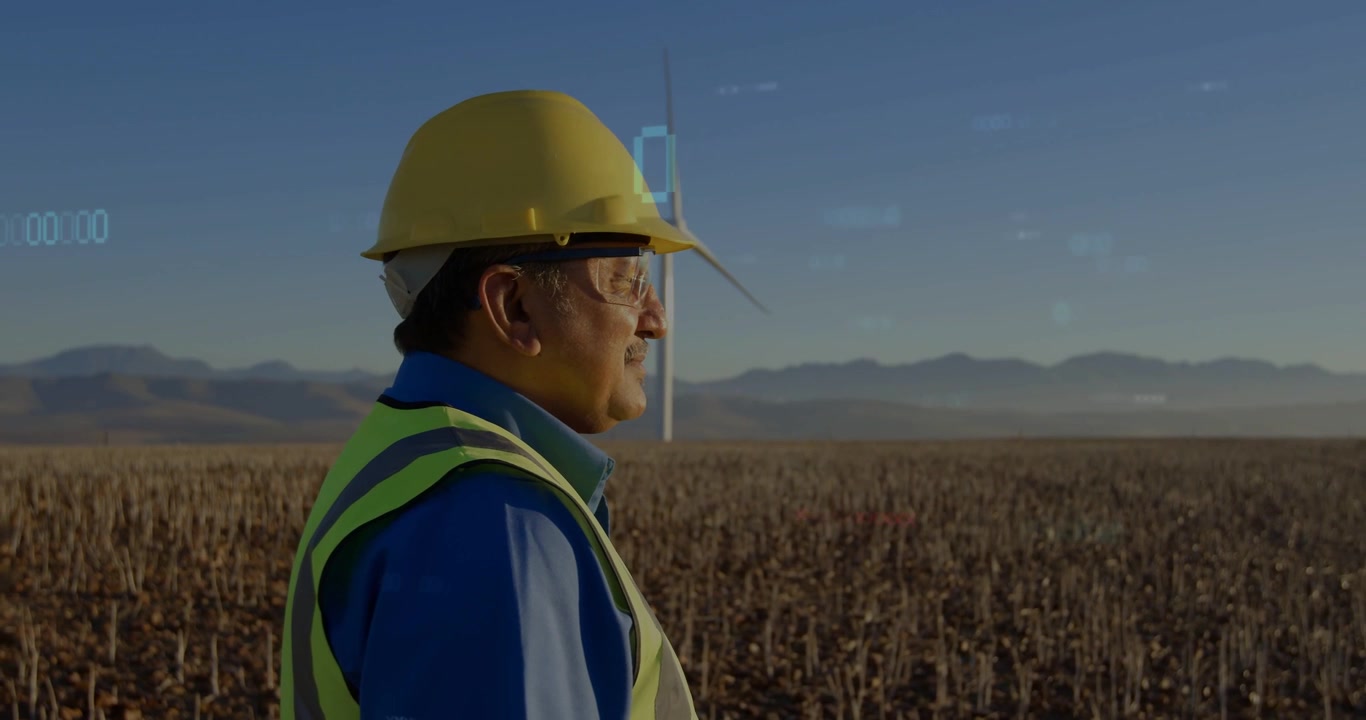 Técnico de campo escaneando uma turbina eólica após o surgimento de sobreposições HUD azuis, avaliando a produção de energia.